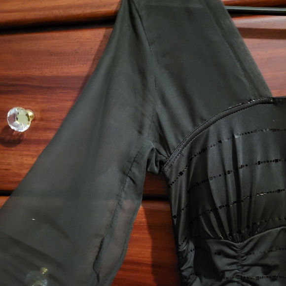 Taboo Black Mini Dress Sinched Bodycon Padded Ruffed Sparkle Asymmetrical Medium - Picture 5 of 6